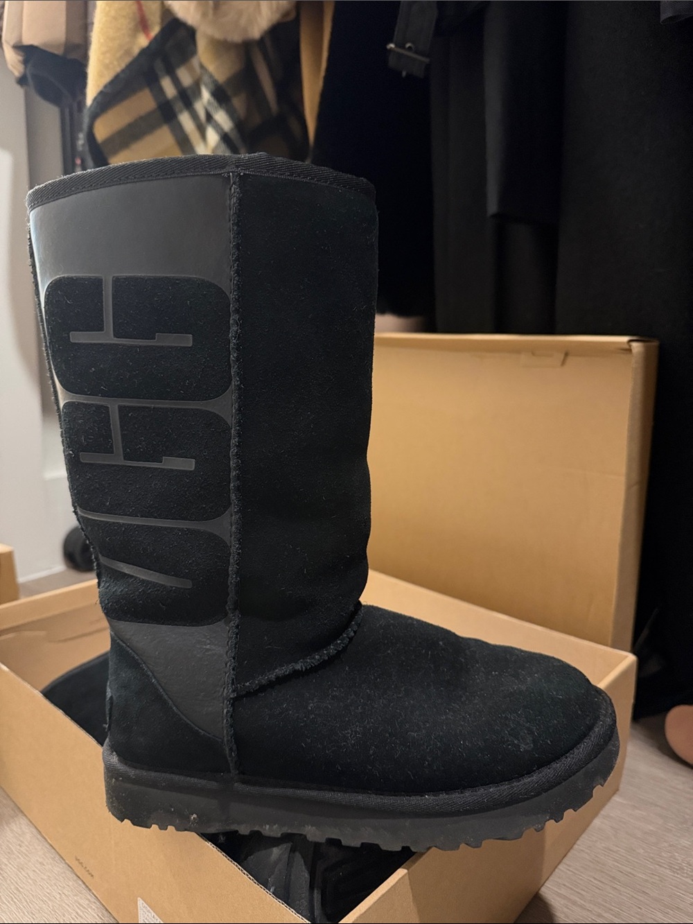 UGG Kids Tall Black Suede Logo Boots